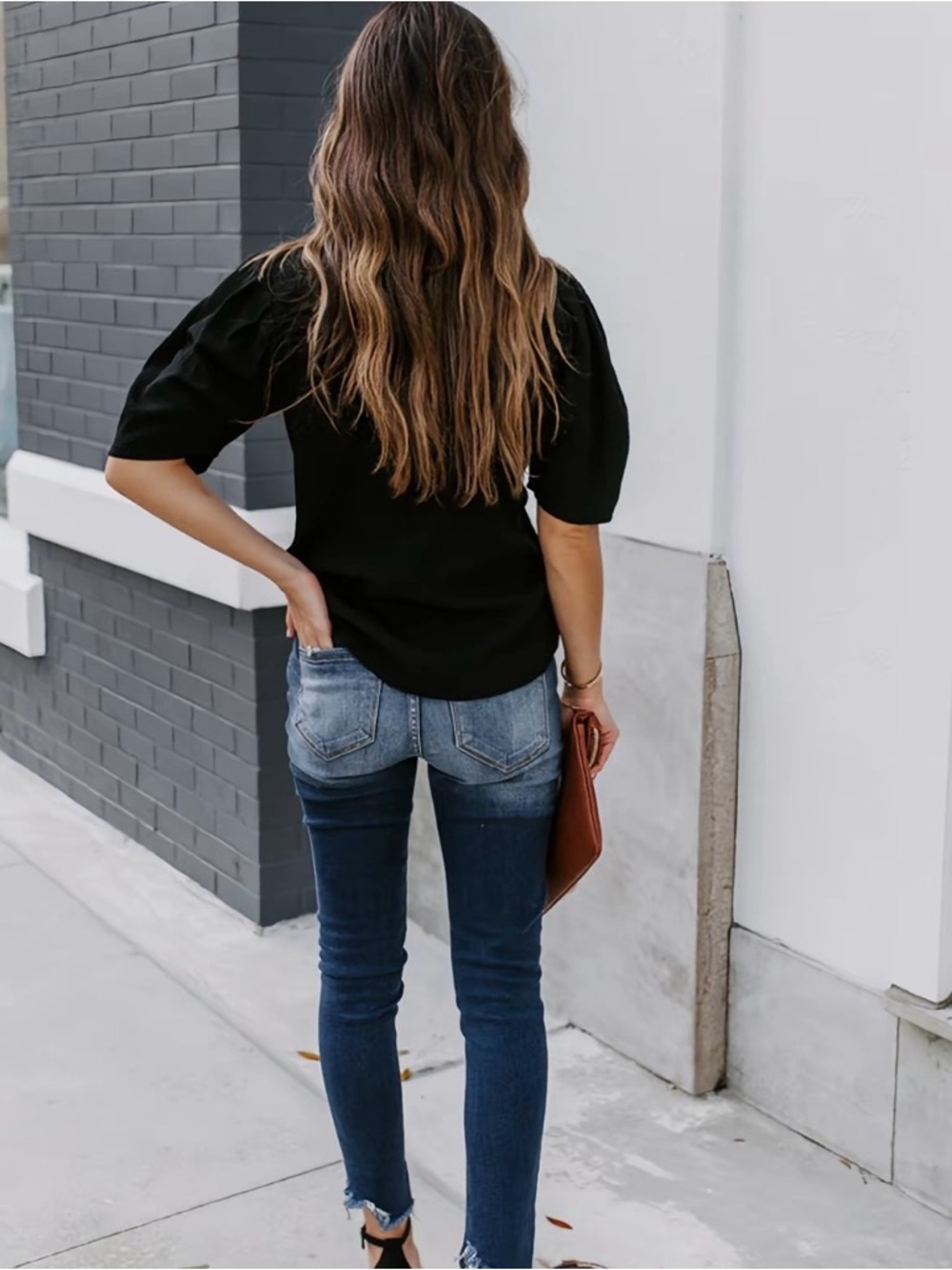 Black Puff Sleeve Women’s Top - Elegant Everyday Tee - Picture 3 of 6